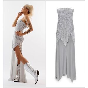 ZARA x BARBIE MATTEL Silver Sequined Tulle Long Maxi Dress Gown Size M NWT